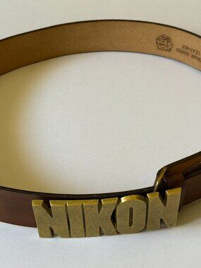 Vintage 1978 Baron Buckle NIKON Solid Brass Belt w Bonded Leather Strap 30-32